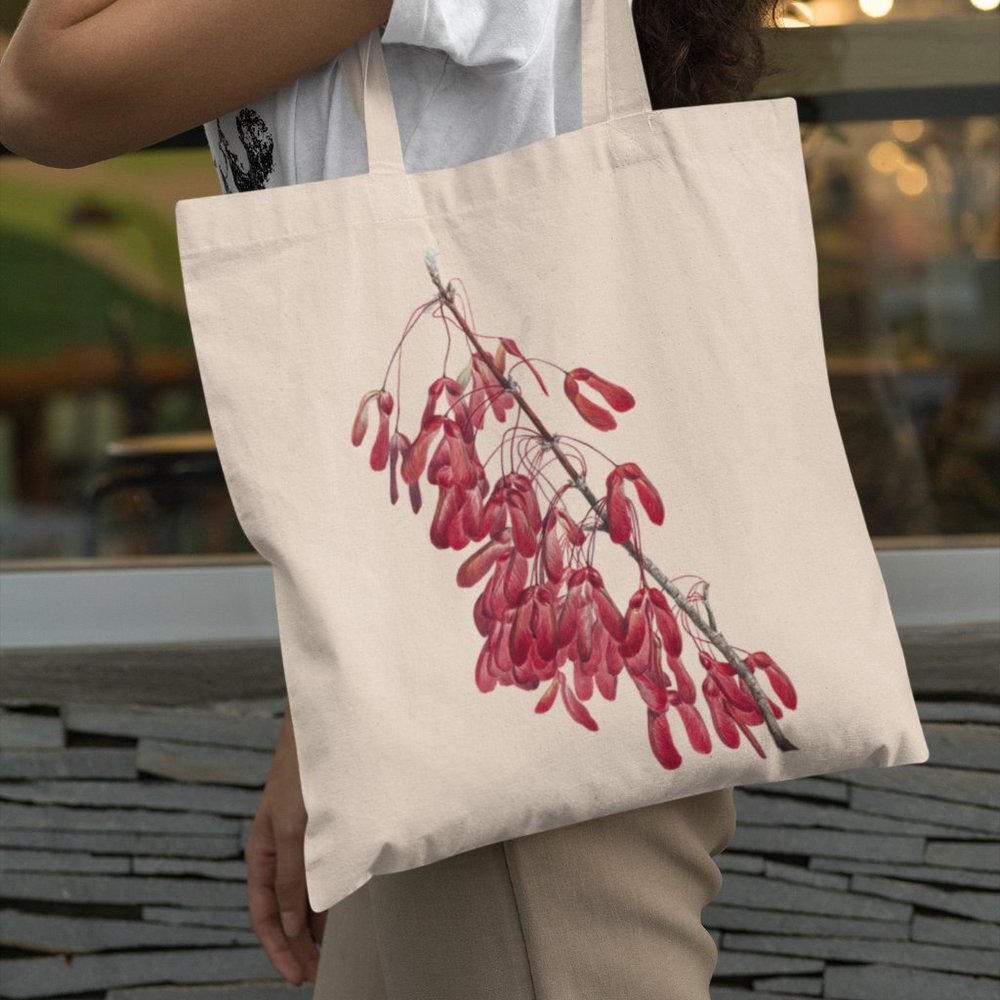 Trident Red Maple Vintage Watercolor Botanical Print Graphic Canvas Tote Bag